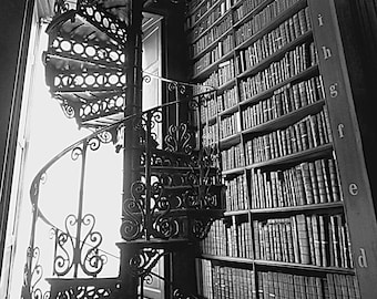 Black and White Dublin Trinity College Library Stairs and Bookshelf Photo Print. Book Photography. Office Decor. Wall Art. Book Lover Gift