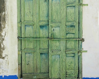 Green Rustic Door Greece Photograph Print, Greek Islands, Rodos Rhodes Island, Green, Blue, Pebble Vintage Greece Photography Greek Wall Art