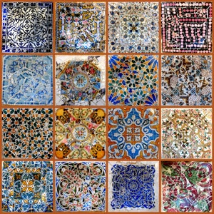 Barcelona Gaudi Mosaics Collage Print. Parc Guell Colorful Tiles Spain. Airbnb Wall Art Home Decor. Blue, Orange, Spanish Travel Photography