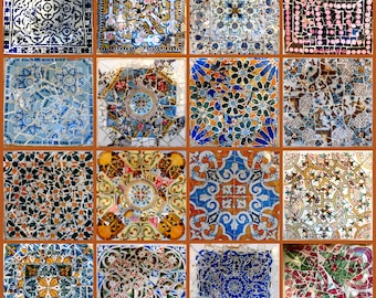 Barcelona Gaudi Mosaics Collage Print. Parc Guell Colorful Tiles Spain. Airbnb Wall Art Home Decor. Blue, Orange, Spanish Travel Photography