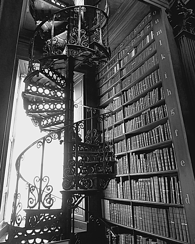 Black and White Dublin Trinity College Library Stairs and Bookshelf Photo Print. Book Photography. Office Decor. Wall Art. Book Lover Gift image 1