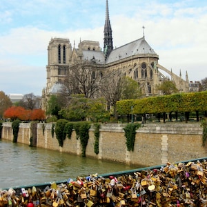 Notre Dame and Love Locks on Bridge Photo Print. Pont De L&#39;archevêché Paris France Photography. Notre Dame, Seine River Gothic Architecture