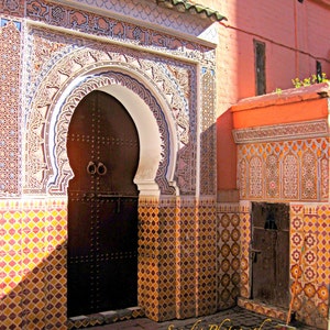 Marrakech, Morocco. Moroccan Decor Photograph Print. Carved, Wooden Doors. Yellow. Blue. Orange. Travel Photography. Wood. Etched.