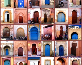 Moroccan Decor, Moroccan Doors Photo Collage on Print or Canvas. Morocco Home Decor. Blue, Orange, Morocco Photography, Wall Decor. Fine Art