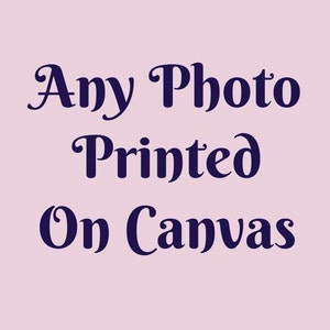 May include: Text in a dark blue font on a light pink background reads "Any Photo Printed On Canvas".
