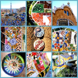 May include: A colourful mosaic tile design with various geometric shapes and patterns. The design features a mix of blue, green, yellow, red, and white tiles. The mosaic is a popular architectural feature in Barcelona, Spain.