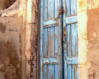 Wooden Door Santorini Greece Weathered Rustic Distressed Door Photograph Print. Photo. Wall Art. Home Decor. Blue Wall Decor. Greek Islands.