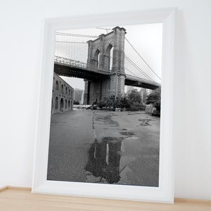 16x10 Brooklyn Bridge Reflection Black and White. Rainy Day New York City. Wall Art. New York Photography. Brooklyn Landscape Photography