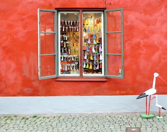 Colorful Window Travel Photo Print, Sweden, Red Window Photo, Bedroom Art Print, Red Bedroom Wall Decor, Travel Photography, Red Wall Art