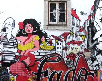 Lisbon, Portugal. Street Art. Alfama District. Graffiti Fado Vadio Photo Print. Photography. Window. Dancer. Red Yellow. Travel Photo