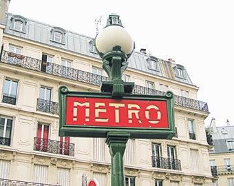 Red Paris Metro Sign Photo Print, Paris Wall Art, Haussmann Paris Architecture, Red French Decor Home Decor, Paris Subway Sign Metropolitan