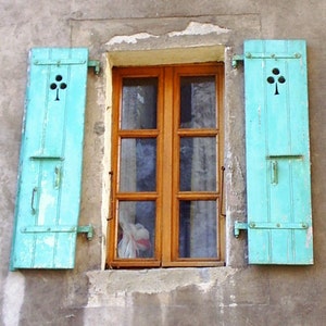 May include: A window with wooden shutters painted in a light turquoise blue. The shutters have a decorative cutout in the shape of a stylized tree. The window is framed in wood and has multiple panes of glass.