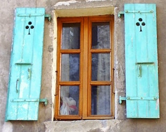 France Photography, Rustic, Vintage, Distressed Shutters Photo. Window, Shutters. Country French Decor. France, French Window Photograph
