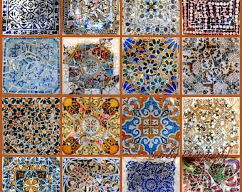 Gaudi Parc Guell Barcelona Spain Mosaic Tiles Photo Collage on Canvas. Spanish Wall Decor. Colorful Home Decor. Travel Photography.