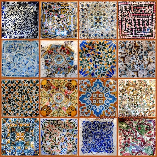 Gaudi Parc Guell Barcelona Spain Mosaic Tiles Photo Collage on Canvas. Spanish Wall Decor. Colorful Home Decor. Travel Photography.