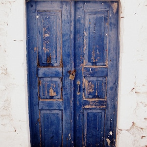 Rustic Santorini Greece Door Photograph Greek Islands Travels Blue and White Vintage Kitchen Decor Wall Decor Home Decor Travel Photography