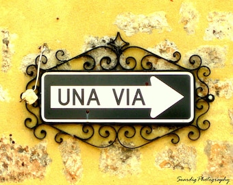 Spanish Photography, Kitchen Wall Art, Spanish Wall Art, Una Via, Dominican Republic Photography, Santo Domingo. Rustic, Yellow, Street Sign
