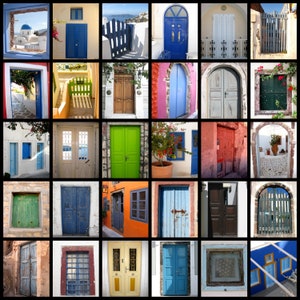 Griechische Foto Tür Fotografie Druck. Santorini, Griechenland Türen. Bunte Türen. Foto Collage Bunter Druck Griechenland Wand Kunst AirBnB Wand Dekor.