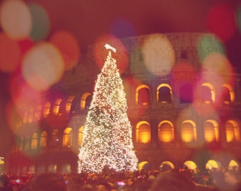 Roman Colosseum Christmas Tree. Colosseum Photography, Rome Italy. Bokeh. Lights. Christmas Lights. Wall Decor. Wall Art. Photo Print