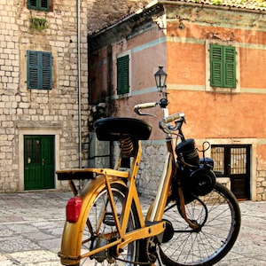 Bicycle Photography, Bike Photo, Window Shutters, Rustic Bike in Kotor, Montenegro Photo. Yellow. Orange. Windows. Shutters.Window Shutter