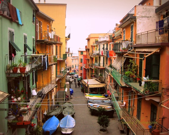Colorful Cinque Terre, Italy Photo. Cinqueterre Hanging Laundry in Alley, Fishing Boats. Balcony. Flowers. Art. Photography. Kitchen Decor.