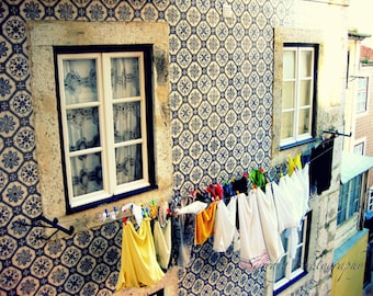 Lisbon, Portugal Photo Print. Hanging Laundry. Azulejo. Wall Decor. Colorful Travel Photography. Vintage. Tiles. Lisboa. Portuguesa.