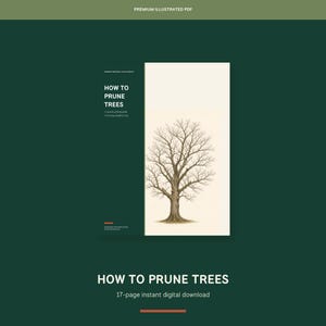 Op de afbeelding: Een digitaal document getiteld How to Prune Trees, met een donkergroene zijbalk met witte tekst en een crèmekleurig paneel met een gedetailleerde botanische illustratie van een bladloze loofboom met een bruine stam.