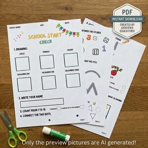 Könnte beinhalten: Ein Set aus gedruckten Lernarbeitsblättern mit dem Titel School Start Check mit Abschnitten zum Zeichnen von Formen, Schreiben eines Namens und Zählen. Die Seiten enthalten bunte Bleistiftgrafiken, Zahlenübungen und einfache Illustrationen wie einen Apfel. Ein grüner Klebestift und eine Schere sind sichtbar.