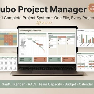 May include: A laptop displaying the Urubo Project Manager dashboard, a 16-in-1 complete project system. The screen shows a Gantt chart, Kanban board, project budget, team capacity, and calendar. The interface uses a muted green and beige colour palette.