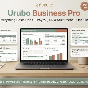 May include: A laptop screen displays the Urubo Business Pro dashboard with charts for sales, expenses, payroll, and HR. Surrounding the laptop are smaller windows showing a payroll sheet, team and HR sheet, multi-year view, and pricing calculator.