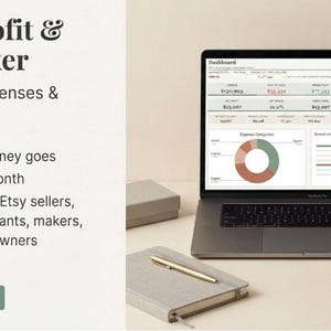 Può includere: Un portatile che mostra una dashboard di monitoraggio profitti e perdite con grafici finanziari. Il testo recita Urubo Profit & Loss Tracker, Track income, expenses & profit in one place, Know where your money goes, Plan smarter each month e Instant Download.
