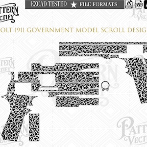 May include: A black and white digital vector graphic displaying a Colt 1911 Government Model scroll design. The image features disassembled firearm components covered in intricate, repeating floral scrollwork patterns, labeled with the text.