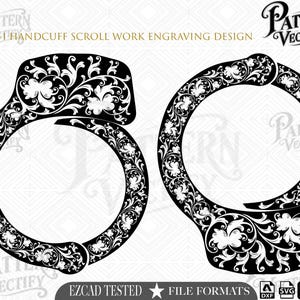 May include: A black and white digital graphic design featuring two handcuffs decorated with intricate floral scrollwork engraving. The text M100-1 HANDCUFF SCROLL WORK ENGRAVING DESIGN appears at the top, with Pattern Vectify logos and file format icons.