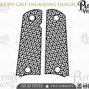 Könnte beinhalten: Ein schwarz-weißes digitales Design für Colt 1911-Griffschalen mit einem sich wiederholenden geometrischen Muster aus ineinandergreifenden Formen. Das Bild enthält den Text COLT 1911 GRIP ENGRAVING DESIGN, Pattern Vectify und Dateiformat-Symbole.