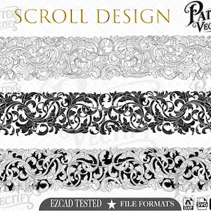 Könnte beinhalten: Drei horizontale digitale Grafikpaneele mit komplexen Schnörkelmustern. Das obere Paneel ist eine schwarze Strichzeichnung, das mittlere eine durchgehend schwarze Silhouette und das untere ein schwarz-weiß gefülltes Design. Text: SCROLL DESIGN.