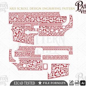 May include: A red and white AR15 scroll design engraving pattern featuring intricate floral motifs. The graphic includes the text AR15 SCROLL DESIGN ENGRAVING PATTERN, PATTERN VECTIFY, EZCAD TESTED, and file format icons for SVG, AI, and PNG.