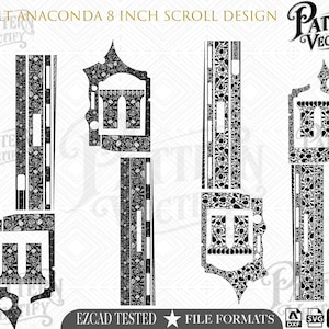 Könnte beinhalten: Ein digitales Vektordatei-Set mit dem Titel Colt Anaconda 8 Inch Scroll Design von Pattern Vectify. Das Bild zeigt komplexe schwarz-weiße florale Rankenmuster für die Waffen-Gravur, inklusive verschiedener Komponenten-Layouts und Dateiformat-Icons.