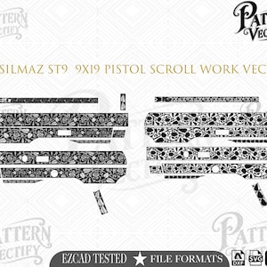 May include: A black and white digital vector file titled SARSILMAZ ST9 9X19 PISTOL SCROLL WORK VECTOR by Pattern Vectify. The image displays intricate floral scrollwork patterns designed for pistol engraving, featuring multiple component layouts.
