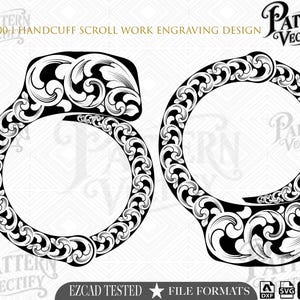 May include: A black and white digital graphic featuring the M100-1 HANDCUFF SCROLL WORK ENGRAVING DESIGN. The image displays two circular handcuff shapes adorned with intricate, flowing scrollwork patterns, presented on a light background.