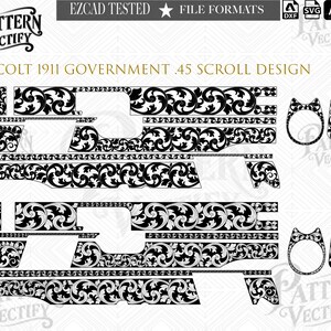 May include: A digital vector file set featuring a black and white scrollwork pattern for a Colt 1911 Government .45 pistol. The design includes various component shapes, including grip panels and frame sections, labeled with the text Pattern Vectify.