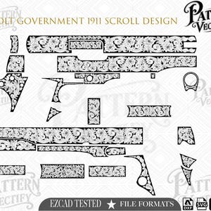 May include: A digital vector file set titled COLT GOVERNMENT 1911 SCROLL DESIGN featuring black and white intricate floral scrollwork patterns arranged in various shapes and sizes for engraving, with text labels including EZCAD TESTED.