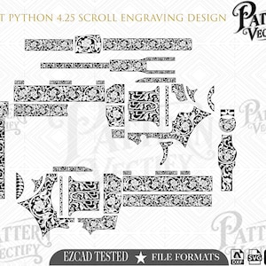 May include: A digital vector file featuring a Colt Python 4.25 scroll engraving design. The black and white graphic displays intricate floral scrollwork patterns arranged in segments to fit various parts of a revolver, with the text Pattern Vectify.