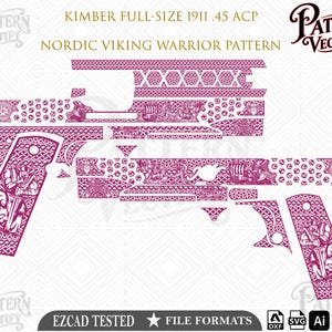 May include: A magenta digital vector pattern for a Kimber full-size 1911 .45 ACP pistol, featuring intricate Nordic Viking warrior motifs, knotwork, and geometric designs. The graphic includes text reading Kimber full-size 1911 .45 ACP and Nordic Viking warrior pattern, with file format icons at the bottom.
