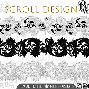 Könnte beinhalten: Eine digitale Grafikdatei mit dem Titel SCROLL DESIGN von Pattern Vectify, die drei horizontale Reihen mit sich wiederholenden Blumen- und Schnörkelmustern zeigt. Die obere und untere Reihe bestehen aus schwarzen Umrissen, während die mittlere Reihe eine schwarze Silhouette ist.