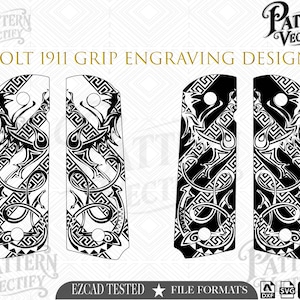 May include: A digital design file for Colt 1911 grips featuring a black and white intricate pattern with geometric Greek key motifs and stylised dragon imagery. The graphic includes two sets of grip layouts with circular screw holes.