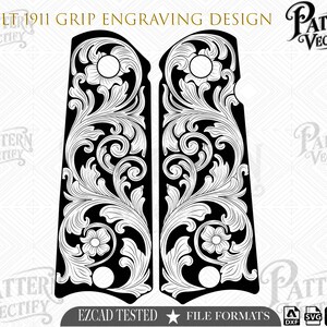 May include: A black and white digital design for Colt 1911 grips featuring intricate floral scrollwork engravings. The graphic displays two vertical panels with symmetrical leaf patterns, circular cutouts, and the text Colt 1911 Grip Engraving Design.
