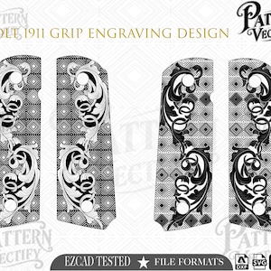 Könnte beinhalten: Ein digitales Grafikdesign für Colt 1911 Pistolengriffe mit einem schwarz-weißen Rankenmuster auf einem geometrischen Rauten-Hintergrund. Das Bild enthält den Text Pattern Vectify, Colt 1911 Grip Engraving Design und Ezcad Tested.