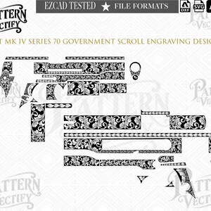 May include: A black and white digital vector file featuring a Colt MK IV Series 70 Government scroll engraving design. The image displays various disassembled firearm component patterns decorated with intricate floral scrollwork motifs.