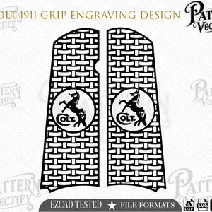 Könnte beinhalten: Ein schwarz-weißes digitales Design für Colt 1911 Pistolengriffe mit einem Korbgeflechtmuster und einem kreisförmigen Emblem mit einem steigenden Pferd und dem Text COLT. Das Bild enthält den Text COLT 1911 GRIP ENGRAVING DESIGN und PATTERN VECTIFY.