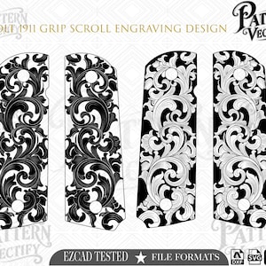 Puede incluir: Un archivo de diseño gráfico digital titulado COLT 1911 GRIP SCROLL ENGRAVING DESIGN de Pattern Vectify. Muestra cuatro plantillas verticales de empuñadura con intrincados patrones de volutas en blanco y negro e iconos de formato al pie.